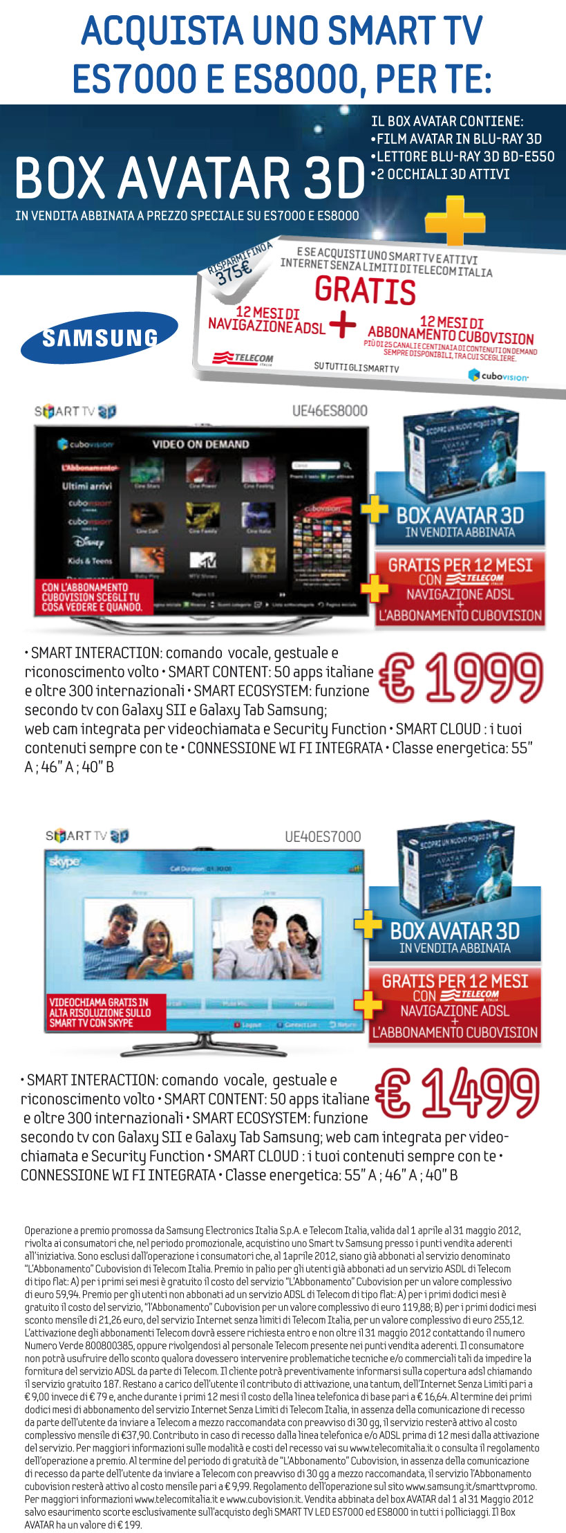 Promozione Samsung Smart TV Es7000 ES8000 Box Avatar 12 mesi Telecom